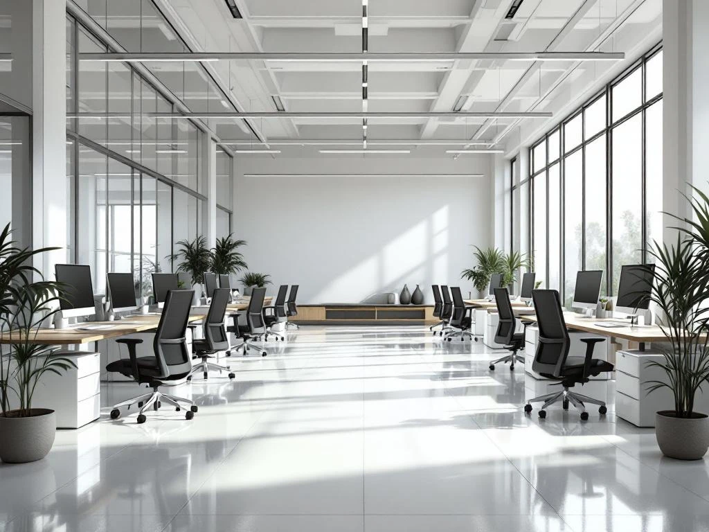 Moderne kantoorruimte met houten bureaus, ergonomische stoelen, grote ramen en minimalistische inrichting met planten