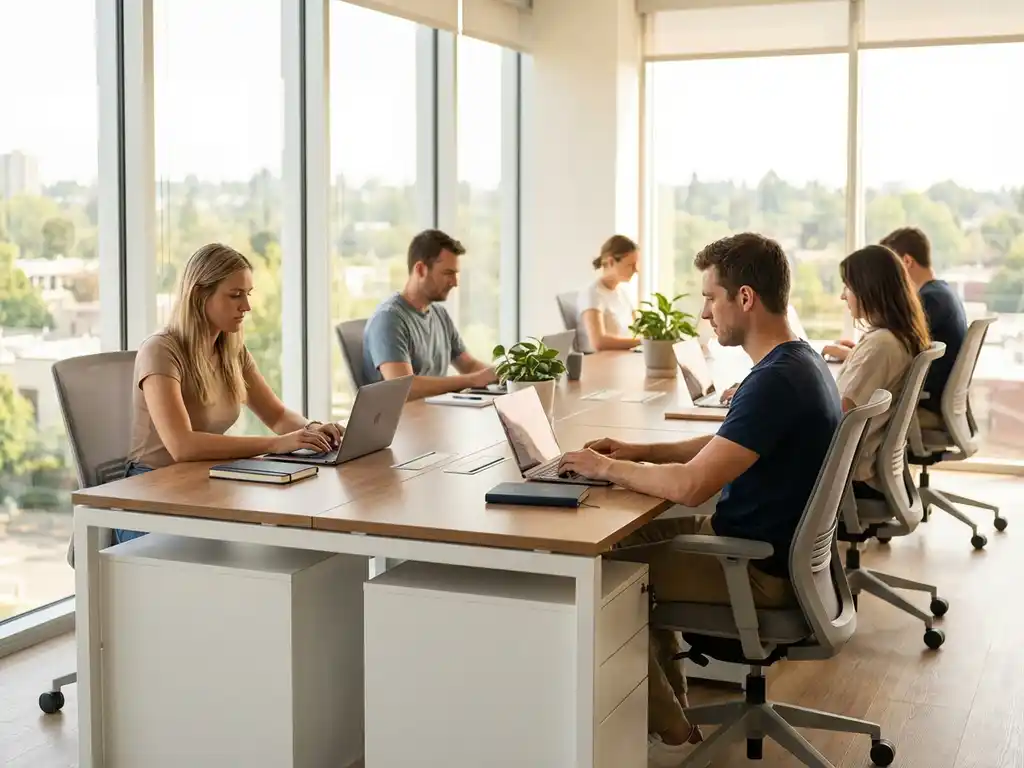 Modern office with white desks, ergonomic chairs, and employees working at laptops near large windows with natural lighting