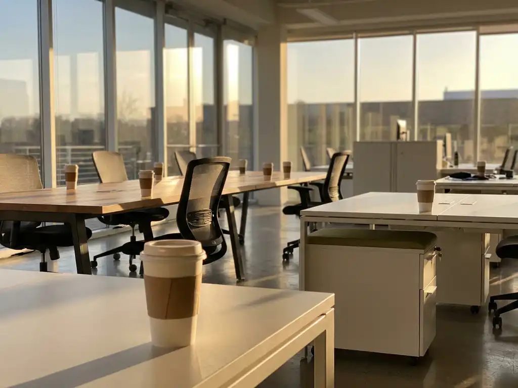 Modern office with white desks, ergonomic chairs, and large windows, disposable coffee cups scattered on surfaces in warm natural light