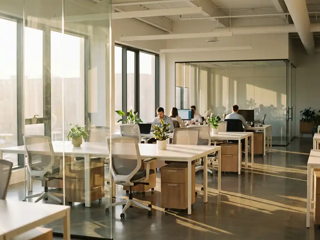 Modern office with white desks, ergonomic chairs, and floor-to-ceiling windows casting golden hour light across minimalist workspace