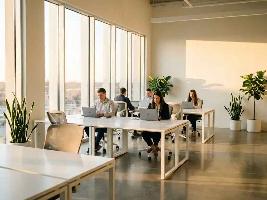 Modern kantoor met witte bureaus, ergonomische stoelen en werknemers aan laptops, natuurlijk licht door grote ramen, groene planten in minimalistische ruimte