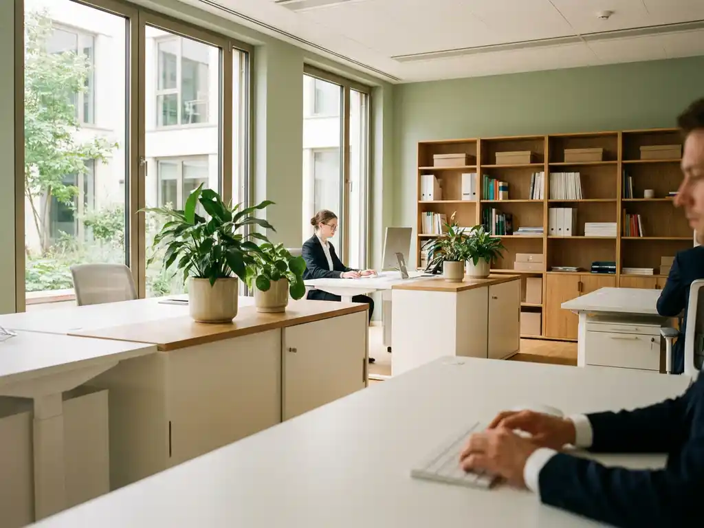 Modern kantoorinterieur met witte bureaus, kamerplanten en vloer-tot-plafond ramen die warm natuurlijk licht binnenlaten.