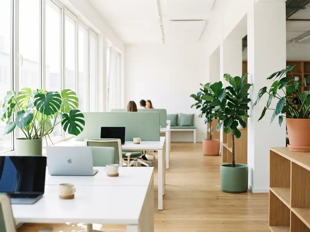 Modern, licht kantoor met vloer-tot-plafondvensters, minimalistische witte bureaus, laptops en kamerplanten in een open werkruimte.